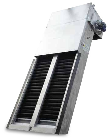 Front view of the belt screen filtering surface showing the acetal-resin elements and the double-belt arrangement