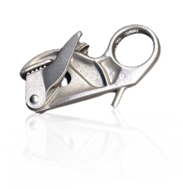 Silver Toggle clip for leather toggling machines — compact aluminum body with stainless steel pin