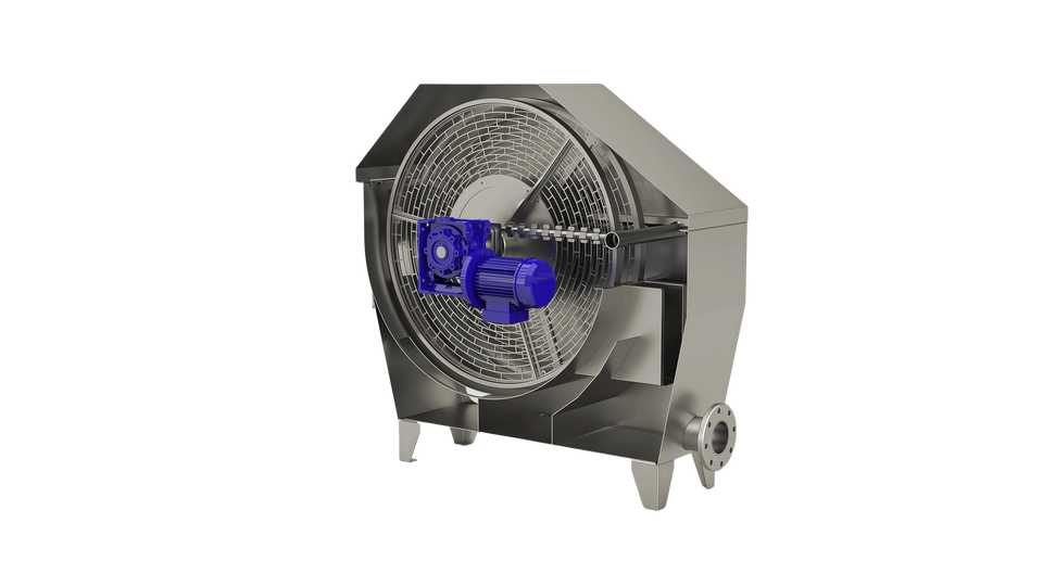 Cutaway view of the GreenDisc disc filter showing the internal rotating filtering disc and mesh inside the stainless steel tank