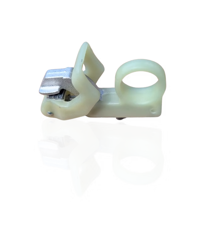 White Toggle clip for leather toggling machines — light-colored nylon clip with stainless steel jaw